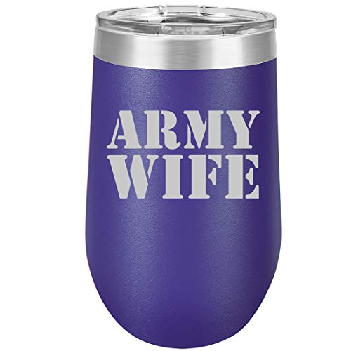 16 oz Double Wall Vacuum Insulated Stainless Steel Stemless Wine Tumbler Glass Coffee Travel Mug With Lid Army Wife (Purple)