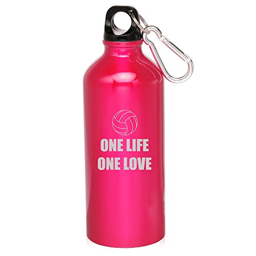 20oz Aluminum Sports Water Bottle Caribiner Clip One Life Volleyball (Hot Pink)