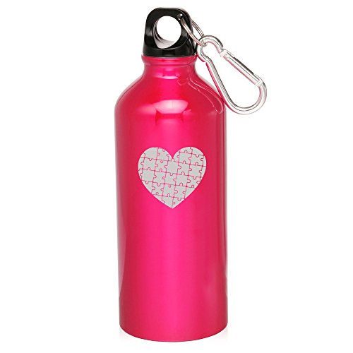 20oz Aluminum Sports Water Bottle Caribiner Clip Heart Puzzle Autism (Hot Pink)