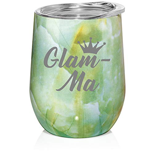 12 oz Double Wall Vacuum Insulated Stainless Steel Marble Stemless Wine Tumbler Glass Coffee Travel Mug With Lid Glam-Ma Mom Mother Grandmother Grandma (Turquoise Green Marble)