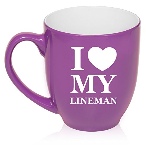 16 oz Large Bistro Mug Ceramic Coffee Tea Glass Cup I Love Heart My Lineman (Purple)