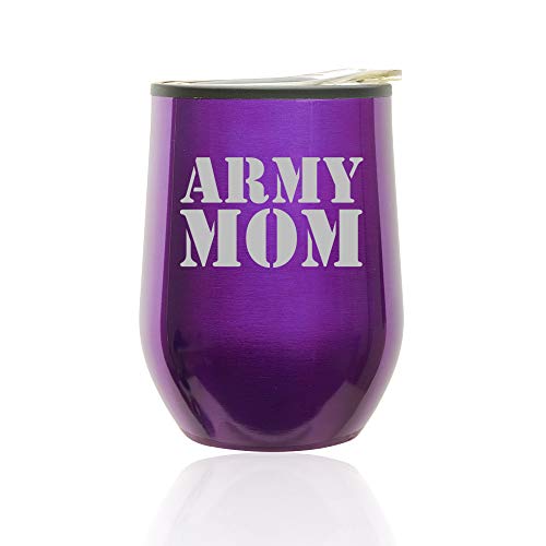 Stemless Wine Tumbler Coffee Travel Mug Glass With Lid Army Mom (Royal Purple)