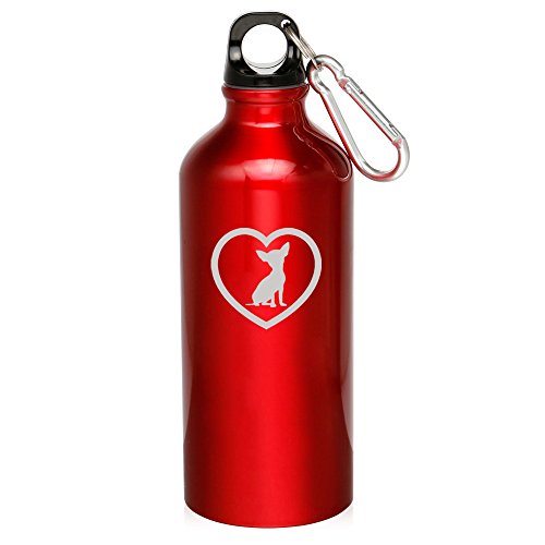 20oz Aluminum Sports Water Bottle Caribiner Clip Chihuahua Heart (Red)