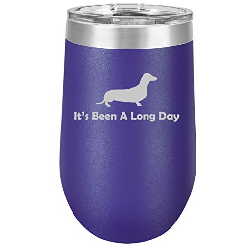16 oz Double Wall Vacuum Insulated Stainless Steel Stemless Wine Tumbler Glass Coffee Travel Mug With Lid It's Been A Long Day Dachshund (Purple)