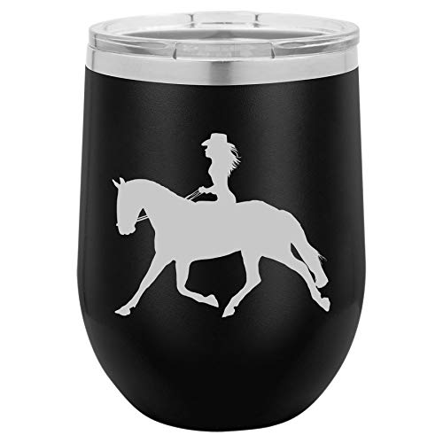 12 oz Double Wall Vacuum Insulated Stainless Steel Stemless Wine Tumbler Glass Coffee Travel Mug With Lid Cowgirl Riding Horse (Black)