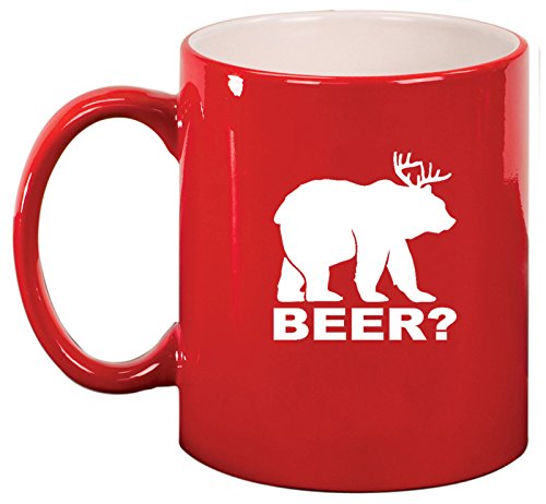 Ceramic Coffee Tea Mug Cup Deer + Bear = Beer Funny (Red)