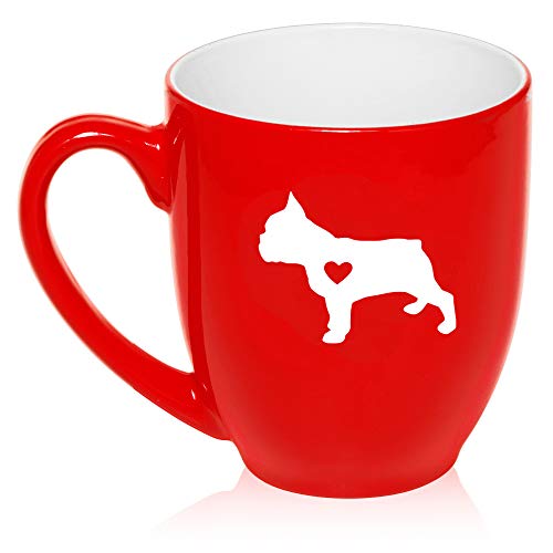 16 oz Large Bistro Mug Ceramic Coffee Tea Glass Cup Cute French Bulldog With Heart (Red)