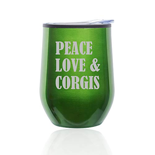 Stemless Wine Tumbler Coffee Travel Mug Glass With Lid Peace Love & Corgis (Green)