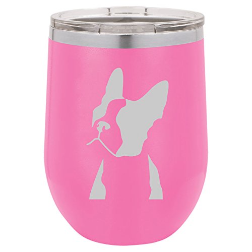 12 oz Double Wall Vacuum Insulated Stainless Steel Stemless Wine Tumbler Glass Coffee Travel Mug With Lid Boston Terrier Face (Hot-Pink)