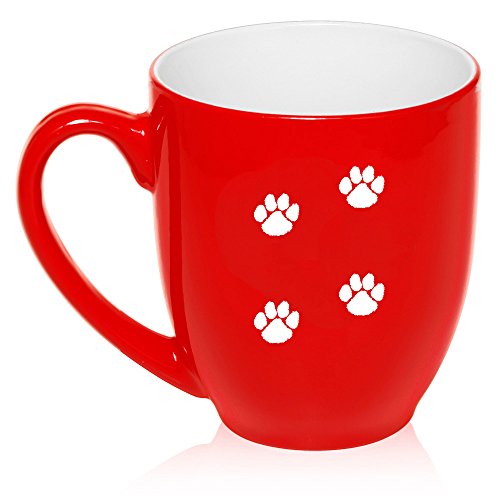 16 oz Large Bistro Mug Ceramic Coffee Tea Glass Cup Paw Prints Walking (Red)