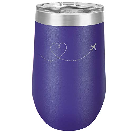 16 oz Double Wall Vacuum Insulated Stainless Steel Stemless Wine Tumbler Glass Coffee Travel Mug With Lid Heart Love Travel Airplane (Purple)