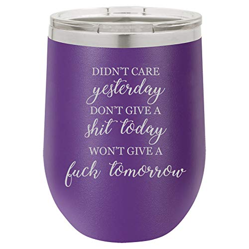 12 oz Double Wall Vacuum Insulated Stainless Steel Stemless Wine Tumbler Glass Coffee Travel Mug With Lid Didn't Care Yesterday Don't Give A Sht Today Won't Give A Fck Tomorrow Funny (Purple)