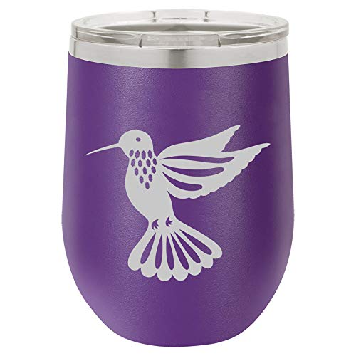 12 oz Double Wall Vacuum Insulated Stainless Steel Stemless Wine Tumbler Glass Coffee Travel Mug With Lid Hummingbird (Purple)