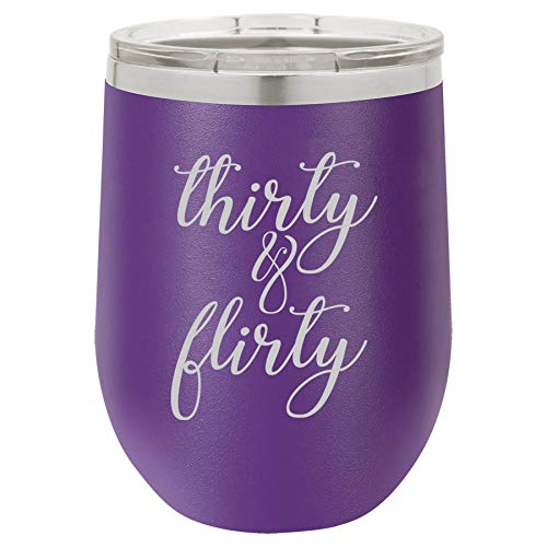 12 oz Double Wall Vacuum Insulated Stainless Steel Stemless Wine Tumbler Glass Coffee Travel Mug With Lid Thirty & Flirty Funny 30th Birthday (Purple)