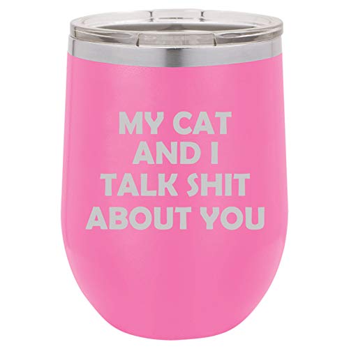 12 oz Double Wall Vacuum Insulated Stainless Steel Stemless Wine Tumbler Glass Coffee Travel Mug With Lid Funny My Cat And I Talk About You (Hot Pink)