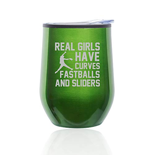 Stemless Wine Tumbler Coffee Travel Mug Glass With Lid Real Girls Curves Softball (Green)