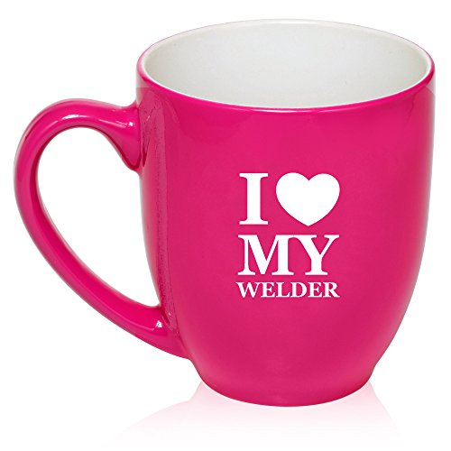 16 oz Large Bistro Mug Ceramic Coffee Tea Glass Cup I Heart Love My Welder (Hot Pink)