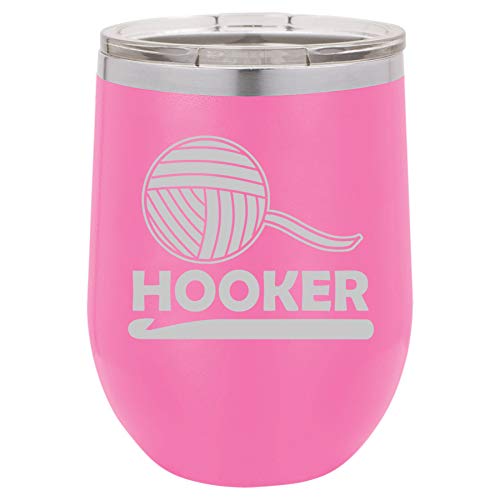 12 oz Double Wall Vacuum Insulated Stainless Steel Stemless Wine Tumbler Glass Coffee Travel Mug With Lid Funny Crochet Hooker (Hot-Pink)