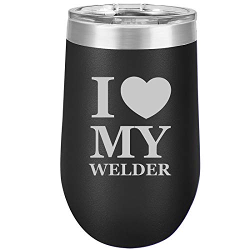 16 oz Double Wall Vacuum Insulated Stainless Steel Stemless Wine Tumbler Glass Coffee Travel Mug With Lid I Heart Love My Welder (Black)