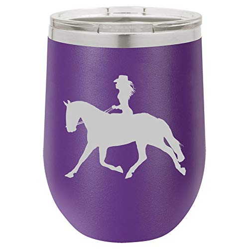 12 oz Double Wall Vacuum Insulated Stainless Steel Stemless Wine Tumbler Glass Coffee Travel Mug With Lid Cowgirl Riding Horse (Purple)