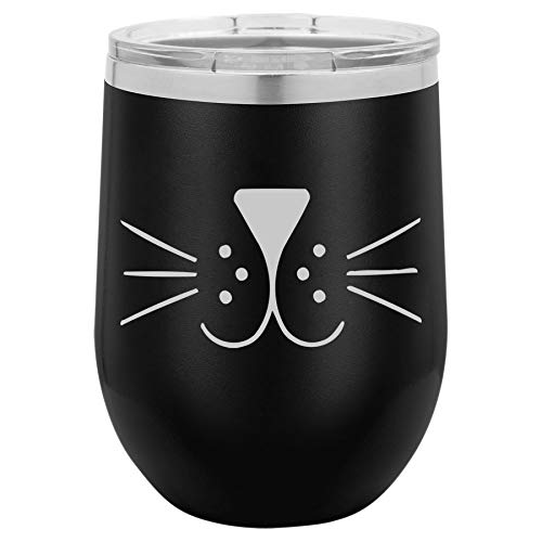 12 oz Double Wall Vacuum Insulated Stainless Steel Stemless Wine Tumbler Glass Coffee Travel Mug With Lid Cat Face Whiskers (Black)