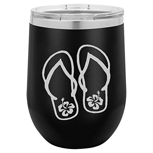 12 oz Double Wall Vacuum Insulated Stainless Steel Stemless Wine Tumbler Glass Coffee Travel Mug With Lid Flip Flops With Hibiscus (Black)