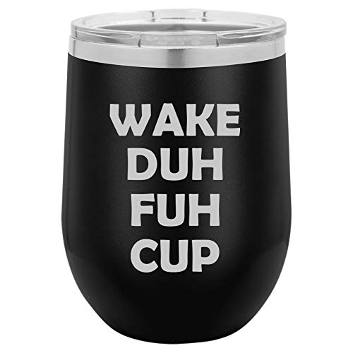 12 oz Double Wall Vacuum Insulated Stainless Steel Stemless Wine Tumbler Glass Coffee Travel Mug With Lid Wake Duh Fuh Cup (Black)