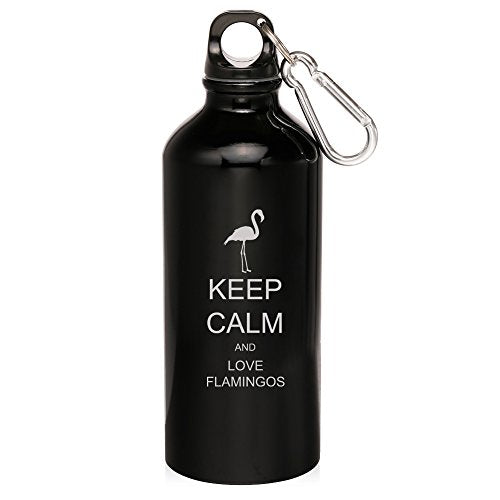 20oz Aluminum Sports Water Bottle Caribiner Clip Keep Calm and Love Flamingos (Black)