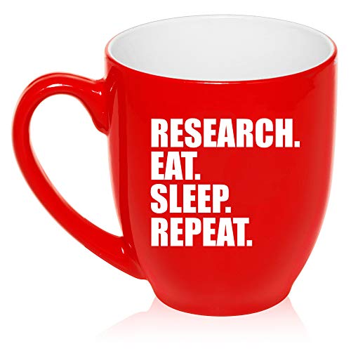16 oz Large Bistro Mug Ceramic Coffee Tea Glass Cup Research Eat Sleep Repeat (Red)