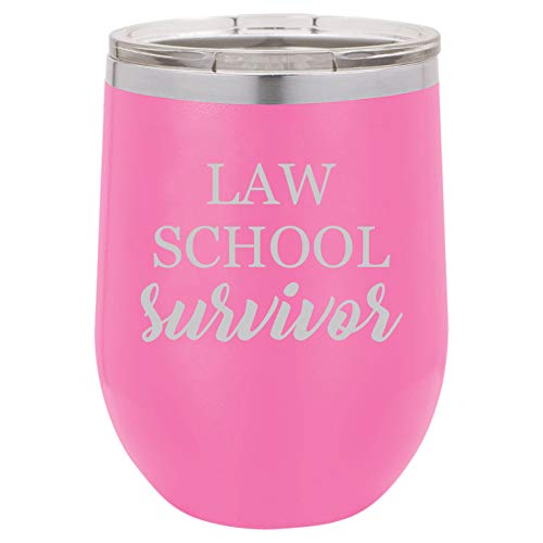 12 oz Double Wall Vacuum Insulated Stainless Steel Stemless Wine Tumbler Glass Coffee Travel Mug With Lid Law School Survivor Law School Student Lawyer Paralegal Funny (Hot Pink)