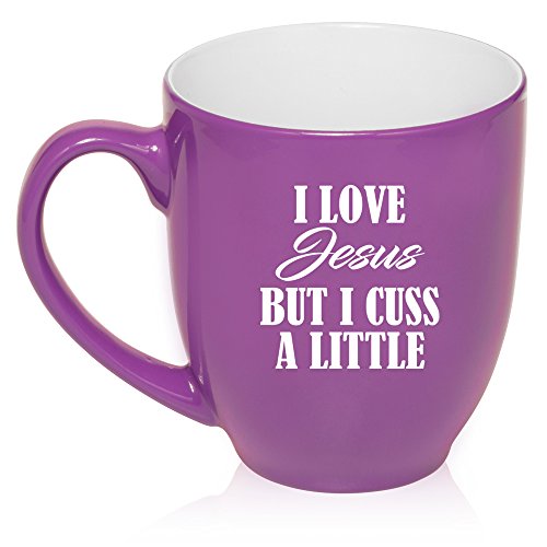16 oz Large Bistro Mug Ceramic Coffee Tea Glass Cup I Love Jesus But I Cuss A Little Funny (Purple)
