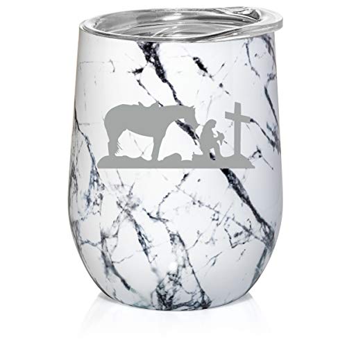 12 oz Double Wall Vacuum Insulated Stainless Steel Marble Stemless Wine Tumbler Glass Coffee Travel Mug With Lid Cowgirl Praying Cross Horse (Black White Marble)