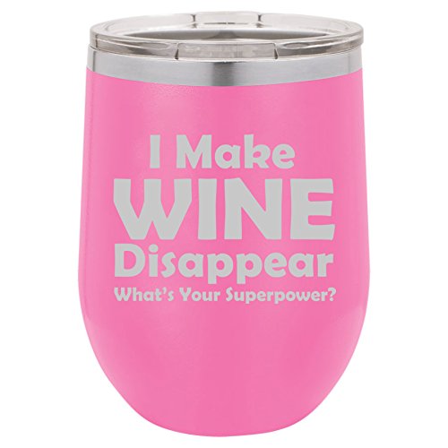 12 oz Double Wall Vacuum Insulated Stainless Steel Stemless Wine Tumbler Glass Coffee Travel Mug With Lid Funny I Make Wine Disappear What's Your Superpower (Hot-Pink)