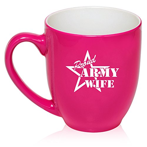 16 oz Large Bistro Mug Ceramic Coffee Tea Glass Cup Proud Army Wife (Hot Pink)