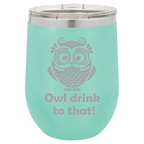 12 oz Double Wall Vacuum Insulated Stainless Steel Stemless Wine Tumbler Glass Coffee Travel Mug With Lid Owl Drink To That Funny (Teal)