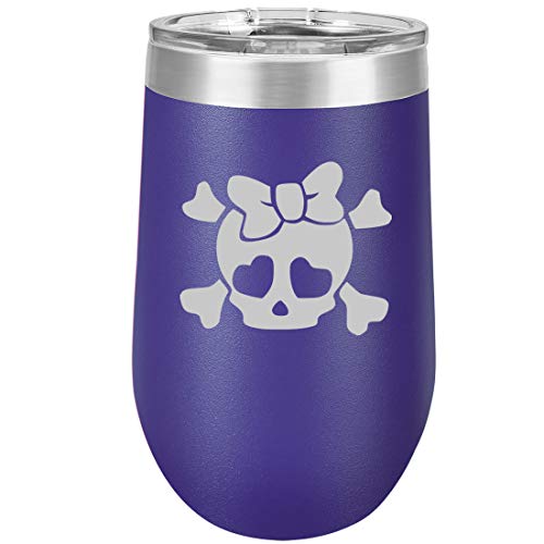 16 oz Double Wall Vacuum Insulated Stainless Steel Stemless Wine Tumbler Glass Coffee Travel Mug With Lid Heart Skull Bow (Purple)