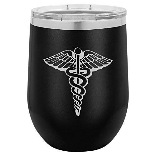 12 oz Double Wall Vacuum Insulated Stainless Steel Stemless Wine Tumbler Glass Coffee Travel Mug With Lid Medical Symbol Caduceus Physician (Black)