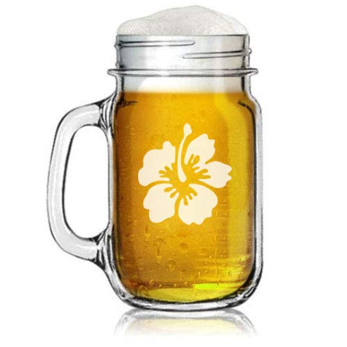 16oz Mason Jar Glass Mug w/Handle Hibiscus Flower