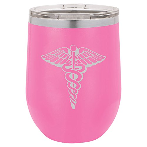 12 oz Double Wall Vacuum Insulated Stainless Steel Stemless Wine Tumbler Glass Coffee Travel Mug With Lid Medical Symbol Caduceus Physician (Hot-Pink)