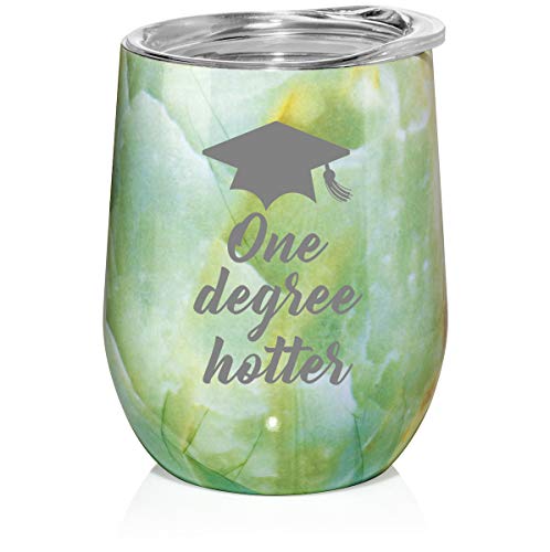 12 oz Double Wall Vacuum Insulated Stainless Steel Marble Stemless Wine Tumbler Glass Coffee Travel Mug With Lid One Degree Hotter Funny Graduation (Turquoise Green Marble)