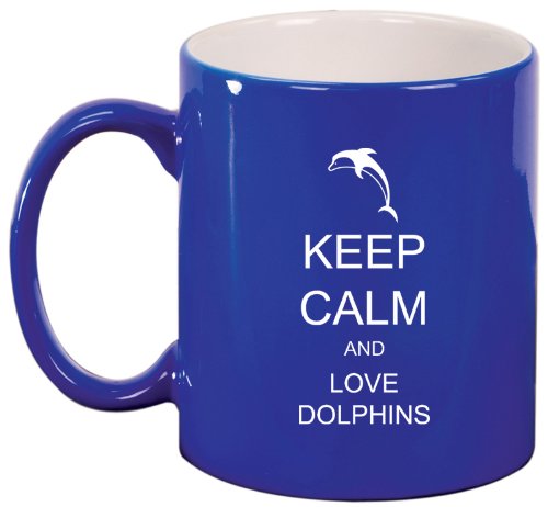 Blue Ceramic Coffee Tea Mug Keep Calm and Love Dolphins