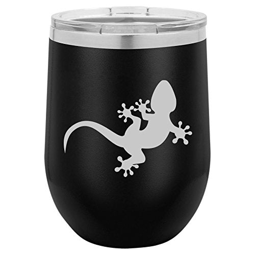 12 oz Double Wall Vacuum Insulated Stainless Steel Stemless Wine Tumbler Glass Coffee Travel Mug With Lid Gecko Lizard (Black)