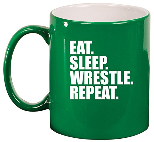 Ceramic Coffee Tea Mug Cup Eat Sleep Wrestle Repeat (Green)