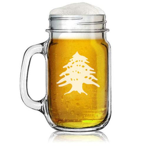 16oz Mason Jar Glass Mug w/Handle Cedar Tree Lebanon Lebanese