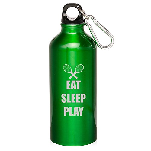 20oz Aluminum Sports Water Bottle Caribiner Clip Eat Sleep Play Tennis (Green)