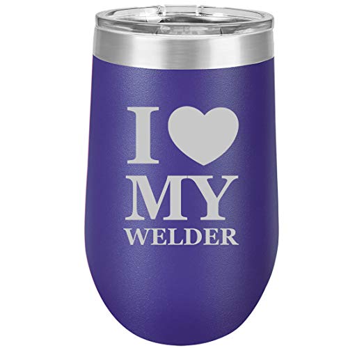 16 oz Double Wall Vacuum Insulated Stainless Steel Stemless Wine Tumbler Glass Coffee Travel Mug With Lid I Heart Love My Welder (Purple)