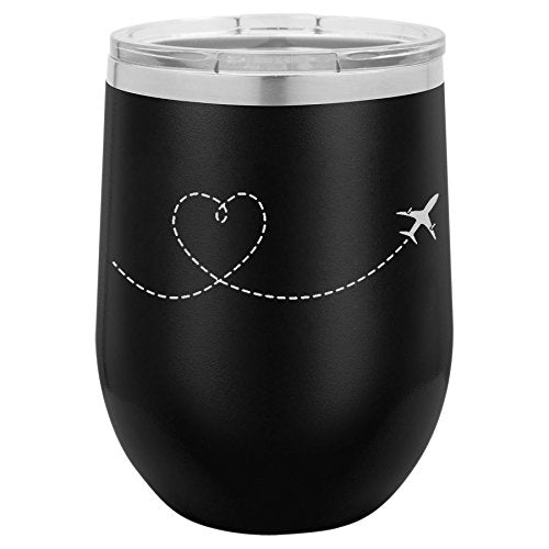 12 oz Double Wall Vacuum Insulated Stainless Steel Stemless Wine Tumbler Glass Coffee Travel Mug With Lid Heart Love Travel Airplane (Black)