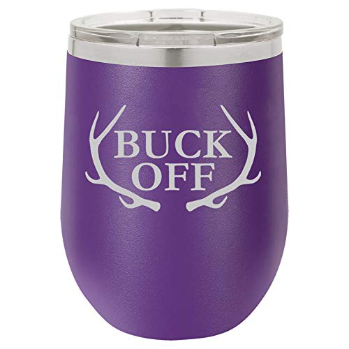 12 oz Double Wall Vacuum Insulated Stainless Steel Stemless Wine Tumbler Glass Coffee Travel Mug With Lid Buck Off Antlers Hunt Hunting Funny (Purple)