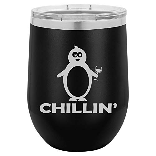 12 oz Double Wall Vacuum Insulated Stainless Steel Stemless Wine Tumbler Glass Coffee Travel Mug With Lid Funny Penguin Chillin (Black)