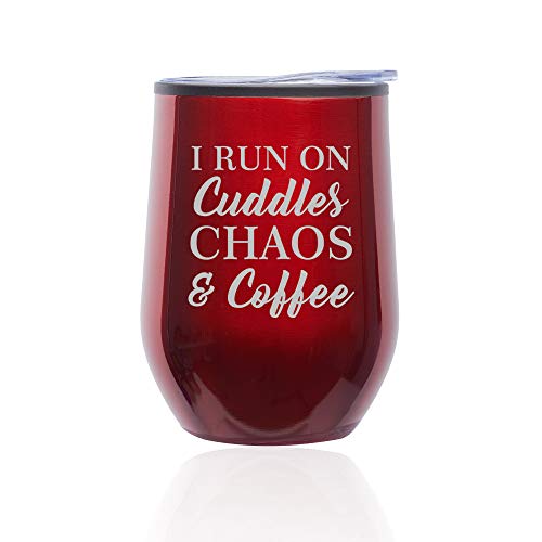 Stemless Wine Tumbler Coffee Travel Mug Glass With Lid I Run On Cuddles Chaos & Coffee (Red)